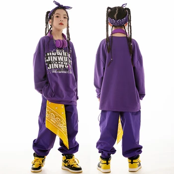 2023 Новые детские танцевальные костюмы в стиле хип-хоп, Фиолетовая толстовка, Свободные брюки, Уличная одежда, Наряды для джазовых танцев для девочек, рейв-одежда DN16074