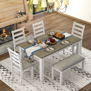 Обеденный стол в деревенском стиле из 6 предметов Коричневого цвета с Побелкой, 4 Мягких Стула и Скамейка Для внутренней ресторанной мебели