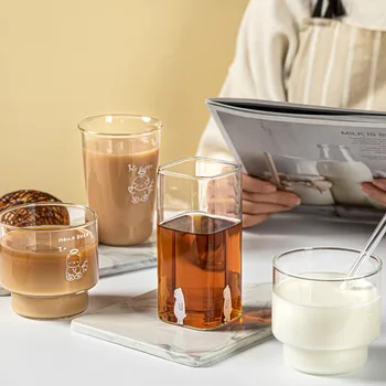Чашка для воды с мультяшным медведем, прозрачная кофейная стеклянная кружка, Чашки для сока, молока, домашний завтрак, десерт, термостойкая чашка для питья