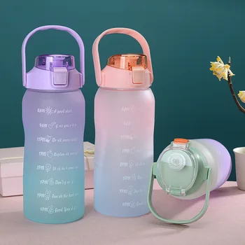 Открытый Градиентный пластиковый стаканчик большой емкости объемом 2 л, Летний PC Space Cup, Матовая спортивная Пластиковая бутылка для воды с соломинкой