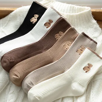 Носки с медвежонком, милые Японские носки Ins, модные Корейские весенние и осенние однотонные носки с набивкой, осенние и зимние