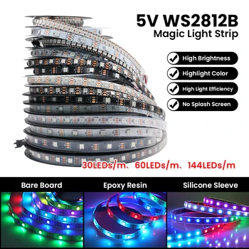 Светодиодная лента 5V WS2812B RGB с индивидуальным адресом полноцветных пикселей Magic Light 30 60 96 144 светодиодов / м Водонепроницаемая лента Диодная лента