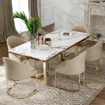 Современные роскошные обеденные столы и стулья из мрамора С золотой основой из нержавеющей стали, Кухонный обеденный стол, шезлонг Salle Manger
