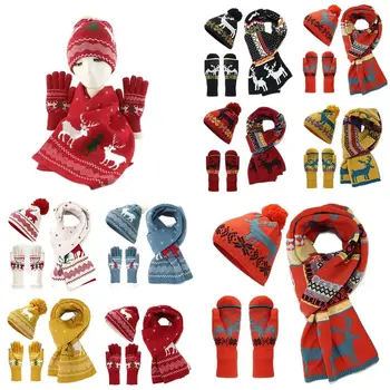 Зимняя теплая Рождественская шапка, шарф, Перчатки, комплект для защиты от холода, Вязаная рождественская шапочка с изображением лося, рождественские перчатки с сенсорным экраном