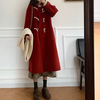 Пряжка из коровьего рога, карман с отложным воротником, простое пальто 2023, Осенне-зимнее Женское теплое пальто в элегантном стиле, Свободное Плотное шерстяное пальто