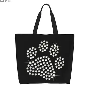 Забавная Симпатичная сумка для покупок в виде Собачьей лапы со стразами, Многоразовая сумка для покупок с кристаллами и бриллиантами, Холщовая сумка для покупок через плечо