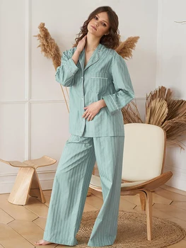 Marthaqiqi Полосатое женское ночное белье, костюм из 2 предметов, пижама с отложным воротником, пижамы с длинным рукавом, Брюки, Повседневная домашняя одежда для женщин