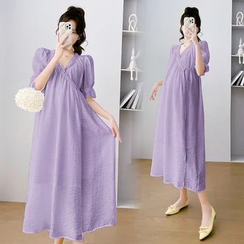 Фиолетовое платье для беременных больших размеров С коротким рукавом-фонариком и V-образным вырезом, длинное платье для беременных женщин, кормящих грудью, элегантные вечерние платья для леди