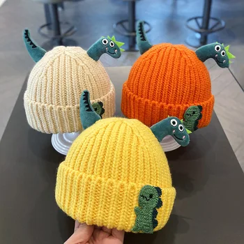 Детская шапка с мультяшным динозавром, зимне-осенняя вязаная шапочка для малышей, уличная теплая детская шапочка, милые эластичные шапочки