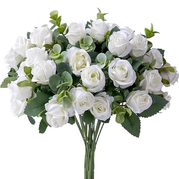 11 Голов Искусственный Цветок Шелковая Роза белые листья Эвкалипта Букет Пионов Искусственный Цветок для Свадебного Стола Вечерние Ваза Домашнего Декора