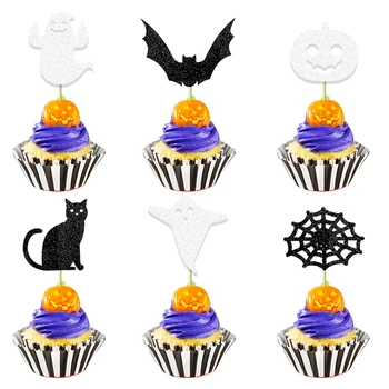 12шт топперов для кексов на Хэллоуин, блестящий паук, Призрачный кот, тыквенные палочки для кексов для детского дня рождения, украшения для тортов