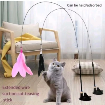Палочка для дразнения кошек с колокольчиком, длинный стержень, присоска, устойчивая к укусам игрушка для жевательной кошки из перьев