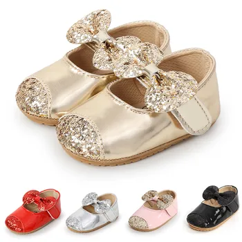 Обувь для новорожденных девочек, Мокасины из искусственной кожи для малышей, Первые ходунки, повседневные туфли принцессы с украшениями и бантом