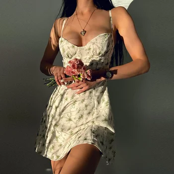 Летнее женское платье на бретельках с цветочным принтом, женское сексуальное мини-платье без рукавов с открытой спиной и цветочным принтом, Vestidos SS185