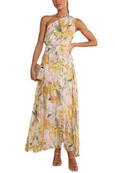2023 Летнее новое женское платье с цветочным принтом, макси-платье со скошенными плечами, плиссированное платье для курортного отдыха Mujer Vestidos