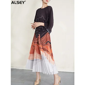Плиссированное платье ALSEY Miyake с принтом Line Sense, круглый вырез, рукав-бабочка, завязка на ремешке, Свободное модное женское платье, новинка весны 2023 г.