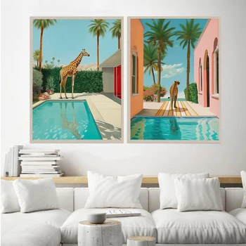 Жираф, Леопард, плакат с животными и принт на стену, забавный Скандинавский бассейн, холст, картина, подарок для домашнего декора