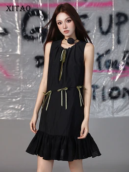 XITAO Плиссированное платье в стиле пэчворк Для женщин, Корея, Лето 2023, Новое поступление, индивидуальное Модное Свободное платье без рукавов с круглым вырезом, HQQ1152