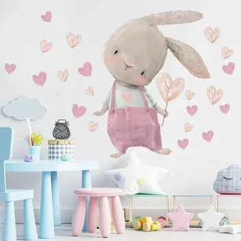 Водонепроницаемый и не выцветающий настенный пастер с кроликом/Наклейки на стену Cute Bunny Love из мультфильма/Самоклеящиеся обои своими руками / Для