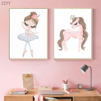 Плакаты на холсте в скандинавском стиле с принцессой и единорогом, розовые тематические картинки для девочки, картины для детской комнаты, картины для домашнего декора.