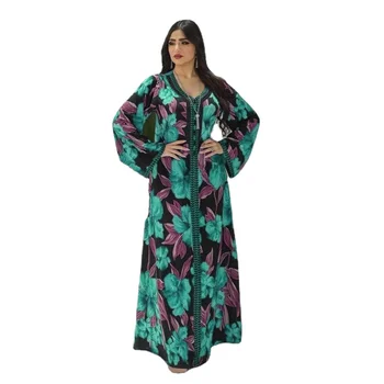 Платья для женщин 2023, Мусульманский Этнический цветочный принт, Новое Макси-платье с бриллиантами Abaya с длинным рукавом Djellaba Marocaine