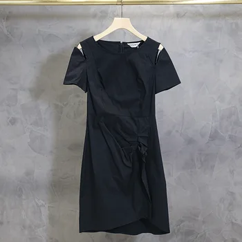 Платье Женское с поясом и высокой талией Летнее платье С коротким рукавом Однобортное Богемное черное