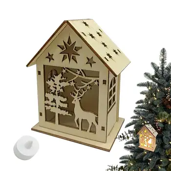 Рождественский деревянный светодиодный домик с вырезанным в полости оленем, Деревенский домик, Снеговики Санта-Клауса и встроенные рождественские аксессуары со светодиодной подсветкой.