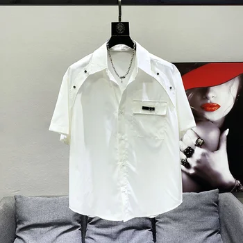 2023 Летние Новые модные Рубашки для мужчин с отложным воротником, металлической цепочкой, коротким рукавом, Свободная мужская блузка, одежда Tide 21F3416
