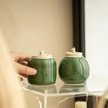 Герметичная банка для чая с зеленой глазурью небольшого размера, удобная для переноски, подставка для чая, керамическая канистра для рукоделия, кухонная посуда для чая