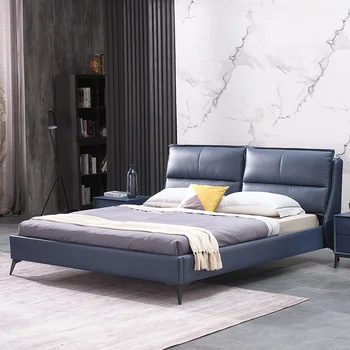 Итальянская легкая роскошная современная простая кожаная кровать в главной спальне, двуспальная мебель, мягкая сумка