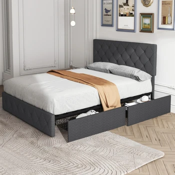 Современный каркас кровати с мягкой обивкой и 4 выдвижными ящиками, кровать-платформа с изголовьем на пуговицах Темно-серого цвета