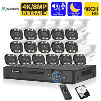 H.265 16CH 8CH Видеонаблюдение 4K POE NVR Система видеонаблюдения 8-Мегапиксельная Двухсторонняя Аудио Цветная наружная IP-камера ночного видения Комплект