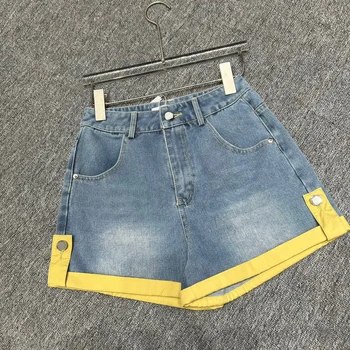 Короткие Джинсы для женщин с желтыми карманами Забавная Персонализация Молодежный Динамизм Джинсовые Ковбойские шорты